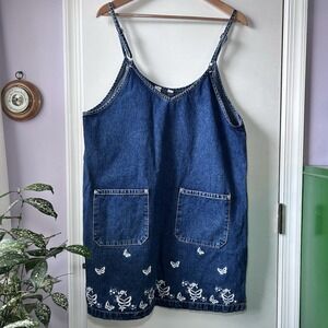 90's Butterfly Embroidered Denim Jumper Dress Women's 14 Cottagecore Fairy